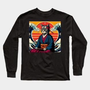 Vaporwave Samurai Cat Great Wave Off Kanagawa Long Sleeve T-Shirt